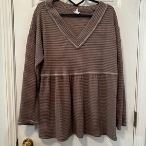 BIBI Waffle Knit V Neck Long Sleeve Babydoll Top Brown Size L